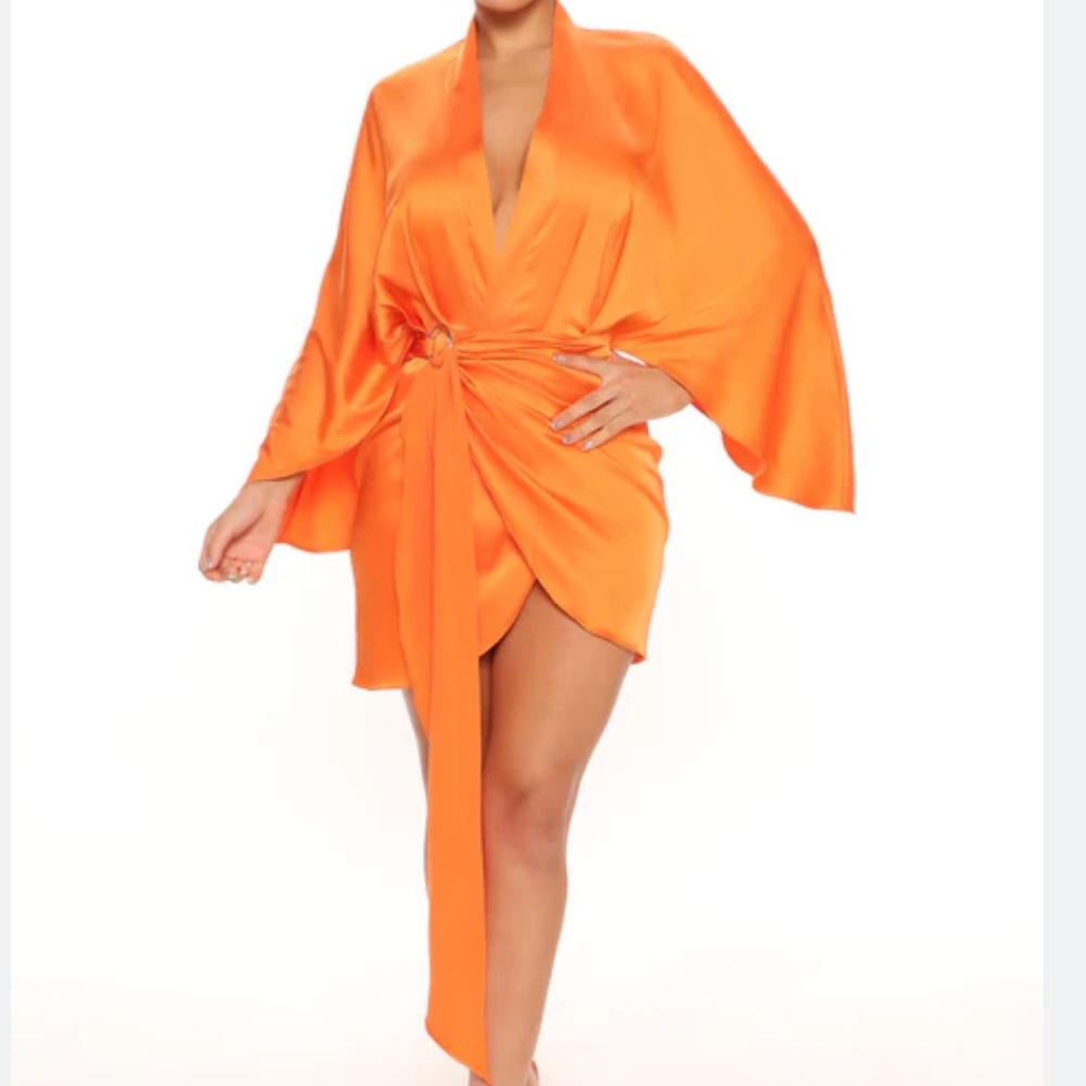 Fashion nova neon orange satin silk robe wrap kimono dress